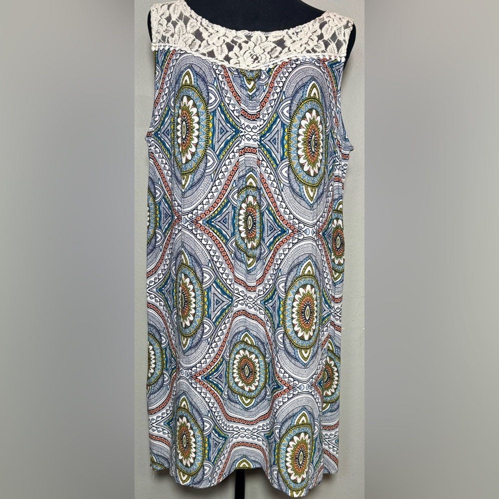 Xhilaration, Bohemian Print Sleeveless Dress with Lace Neck Detail, Size XL NWOT
